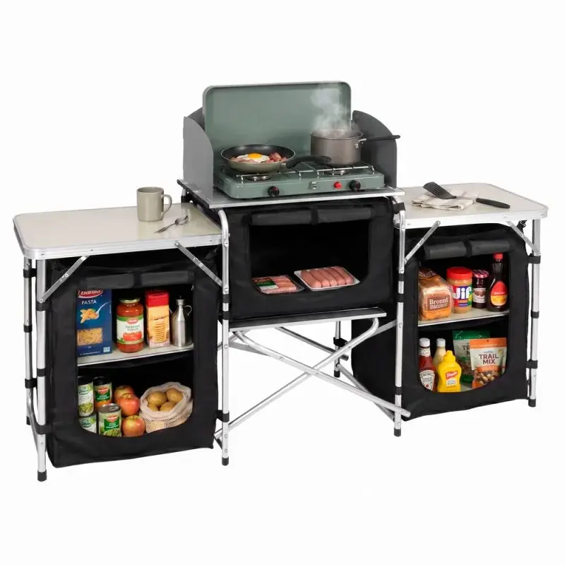 Akční Nabídka Kempingová kuchyňka se skříňkami 175x45x110cm SPRINGOS CS0188 černo-stříbrná