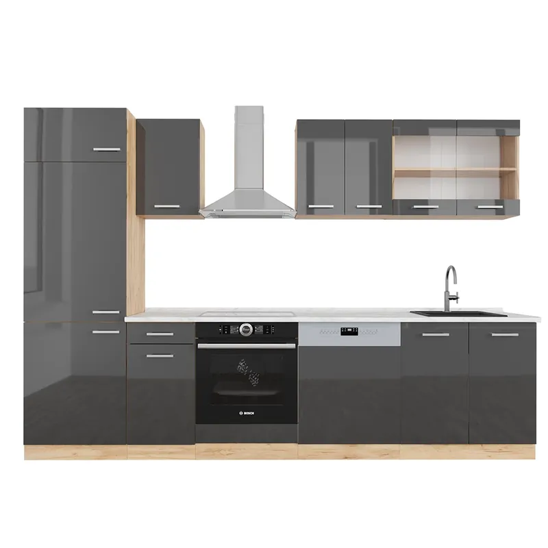 Kuchyňský kout R-Line Antracitový vysoký lesk/zlatý dub power 300 cm , PD Mramor Vicco Akce