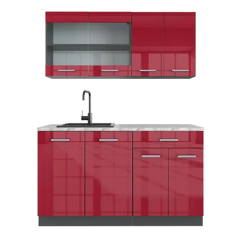 Nejprodávanější Jednotková kuchyně R-Line Červená/antracitová s vysokým leskem 140 cm , PD Mramor Vicco