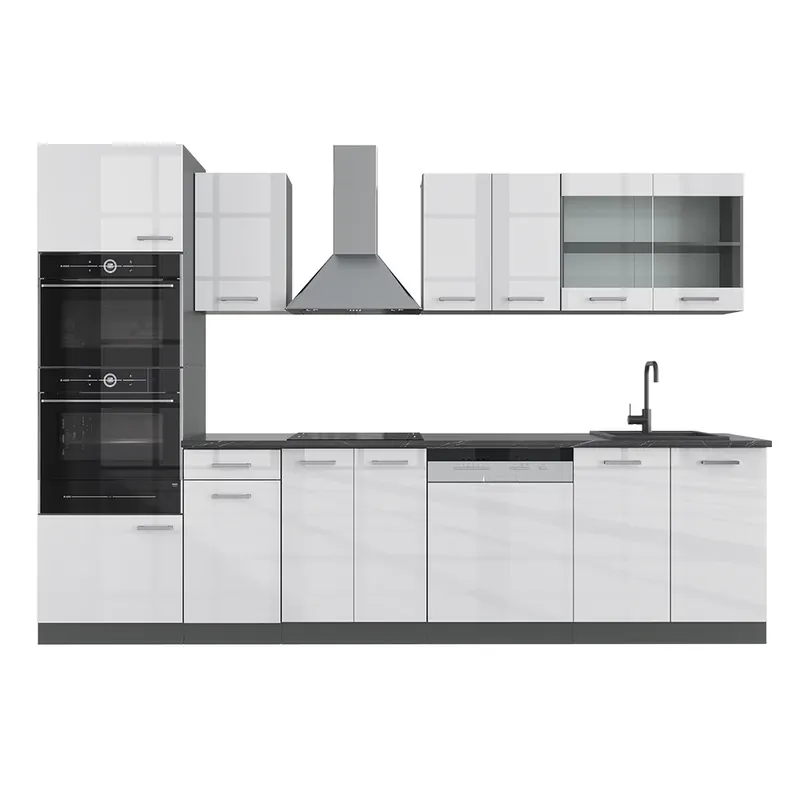 Ověřený Kuchyňský kout R-Line Bílý vysoký lesk/antracit 300 cm s vysokou skříní, PD Antracit Vicco