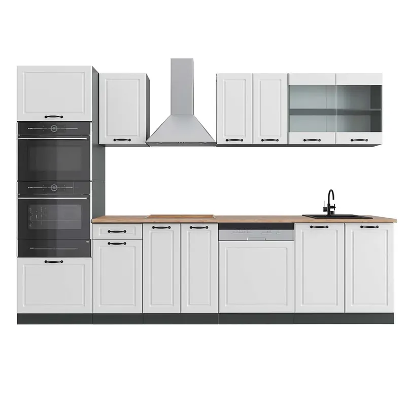 Jen Po Omezenou Doba Kuchyňský kout R-Line Bílý venkovský dům/antracit 300 cm s vysokou skříní, PD Dub Vicco
