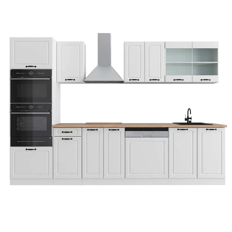 Bezpečná Platba Kuchyňský kout R-Line Bílý venkovský dům/bílá 300 cm s vysokou skříní, PD Dub Vicco