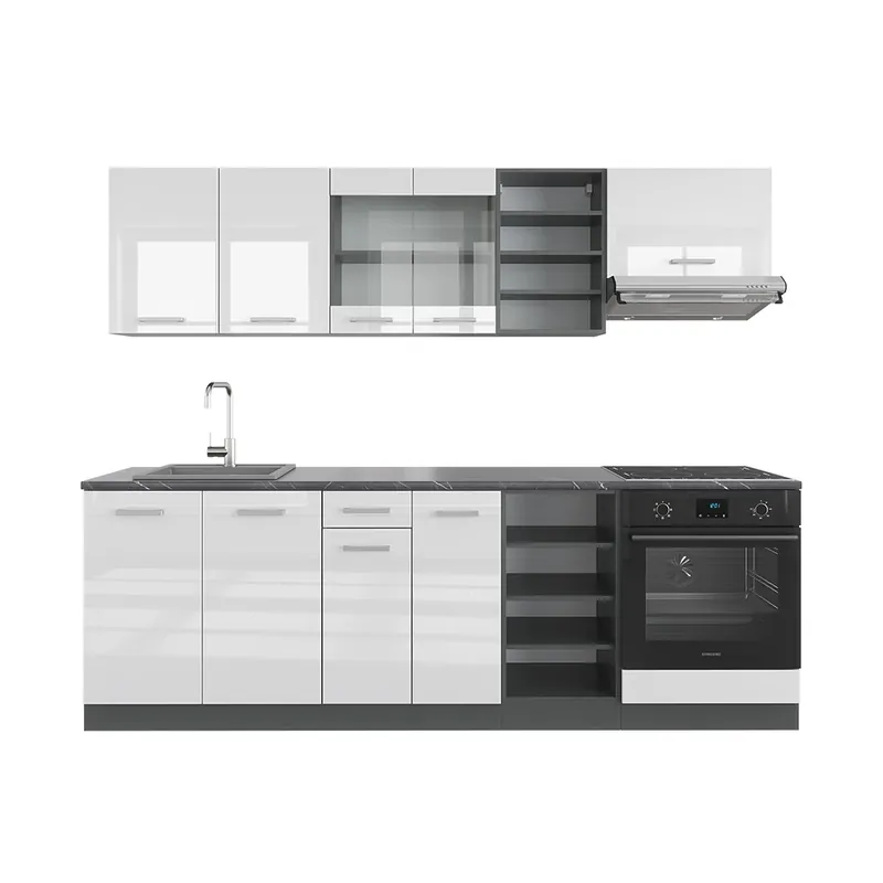 Akce Kuchyňský kout R-Line Bílý vysoký lesk/antracit 240 cm , PD Antracit Vicco