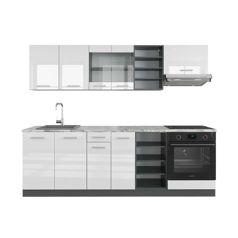 Značkový Kuchyňský kout R-Line Bílý vysoký lesk/antracit 240 cm , PD Mramor Vicco