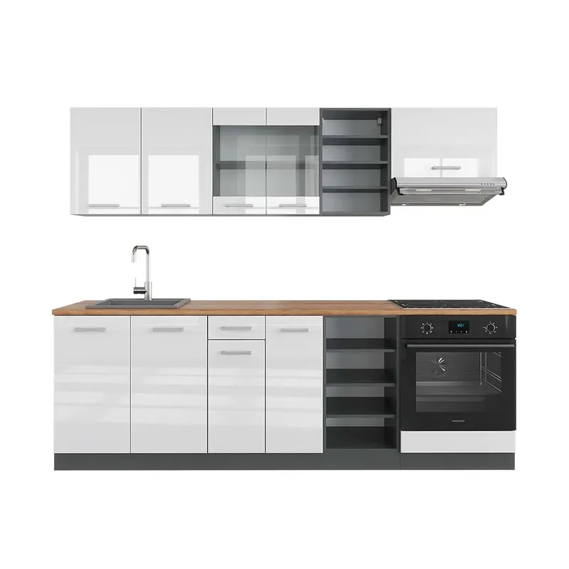 Nejlepší Cena Kuchyňský kout R-Line Bílý vysoký lesk/antracit 240 cm , PD Dub Vicco