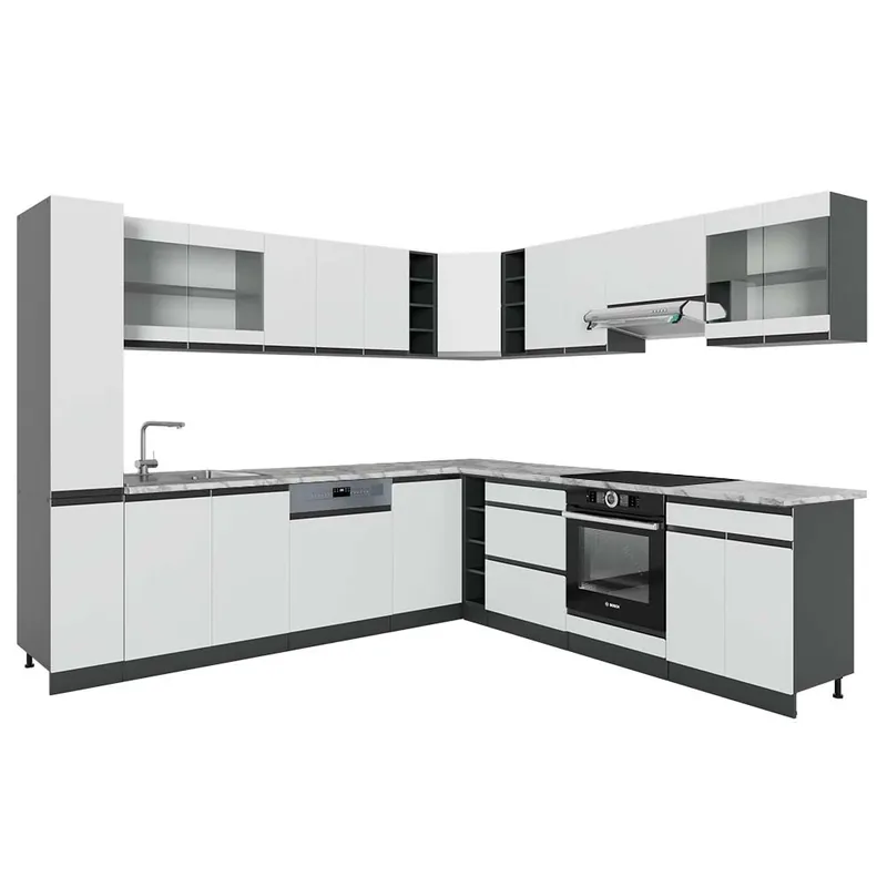 Rohová kuchyň R-Line Bílá/Antracit 277 x 257 cm J-Shape, PD Mramor Vicco Originální