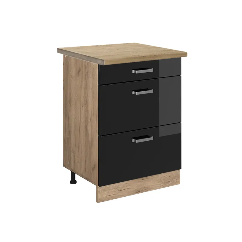 Pouze Dnes Spodní skříňka kuchyňské linky R-Line Černý vysoký lesk 60 cm se zásuvkami, PD Dub Vicco