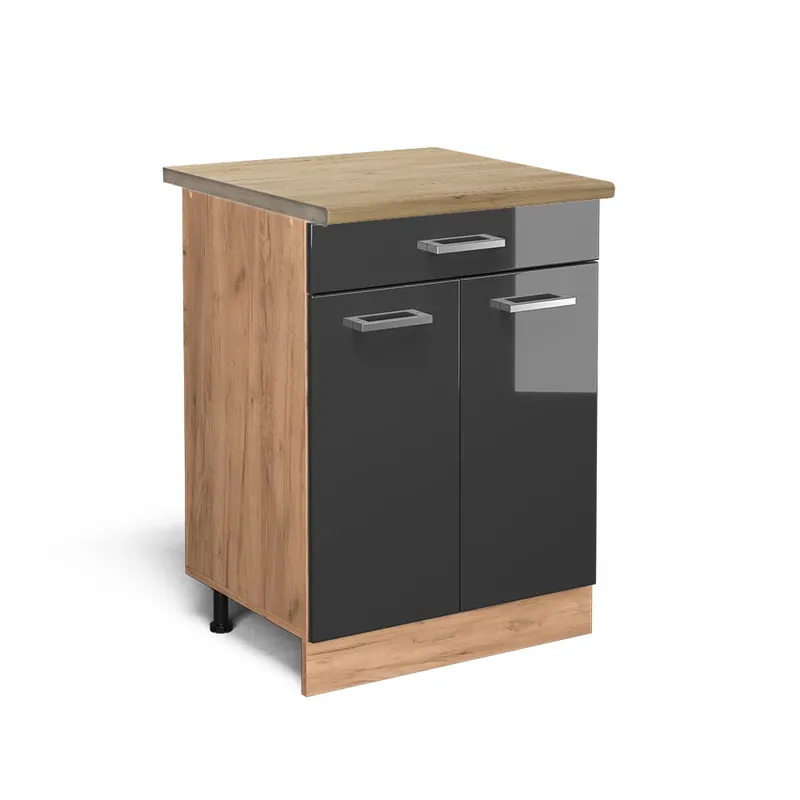 Sleva Spodní skříňka kuchyňské linky R-Line Antracitový vysoký lesk 60 cm se zásuvkou, PD Dub Vicco