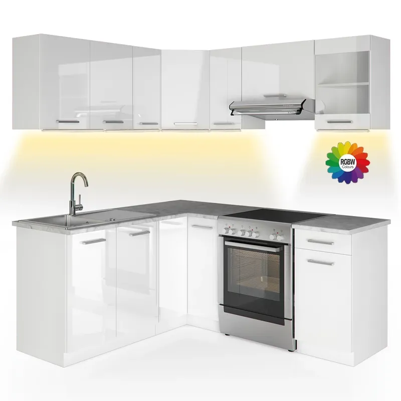 Vrácení Zdarma Rohová kuchyň Rick Bílá vysoký lesk/bílá 187 x 60 cm s pracovní deskou s páskem LED Vicco