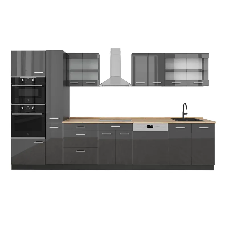 Zlevněný Kuchyňský kout R-Line Antracit vysoký lesk/antracit 350 cm bez pracovní desky Vicco