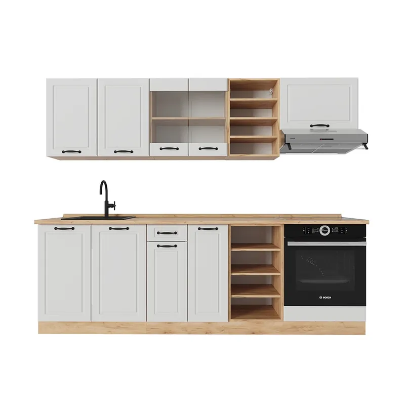 Sleva Kuchyňský kout R-Line Bílý venkovský dům/zlatý dub 240 cm , PD Dub Vicco