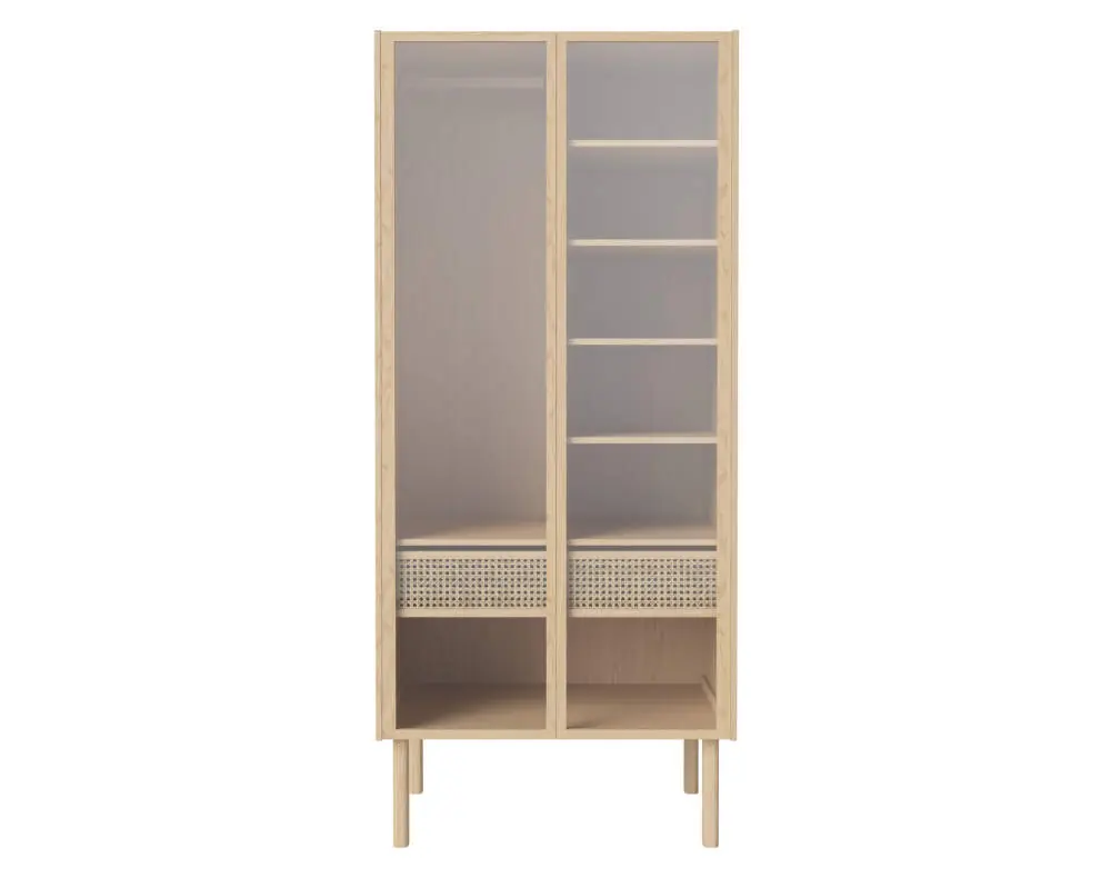 Přímo Od Výrobce Skříň Cana se skleněnými dveřmi a policemi, white oiled oak