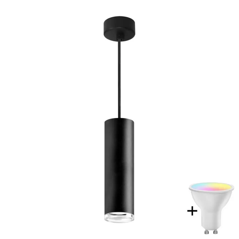 Ověřený LED RGBW Stmívatelný koupelnový lustr na lanku TURYN 1xGU10/4,8W/230V 3000K IP44 černá + dálkové ovládání