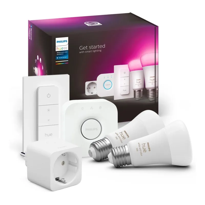 Zlevněný Základní sada Philips Hue WHITE AND COLOR AMBIANCE 2xE27/9W/230V 2200-6500K + chytrá zásuvka, Hue bridge a dimmer switch
