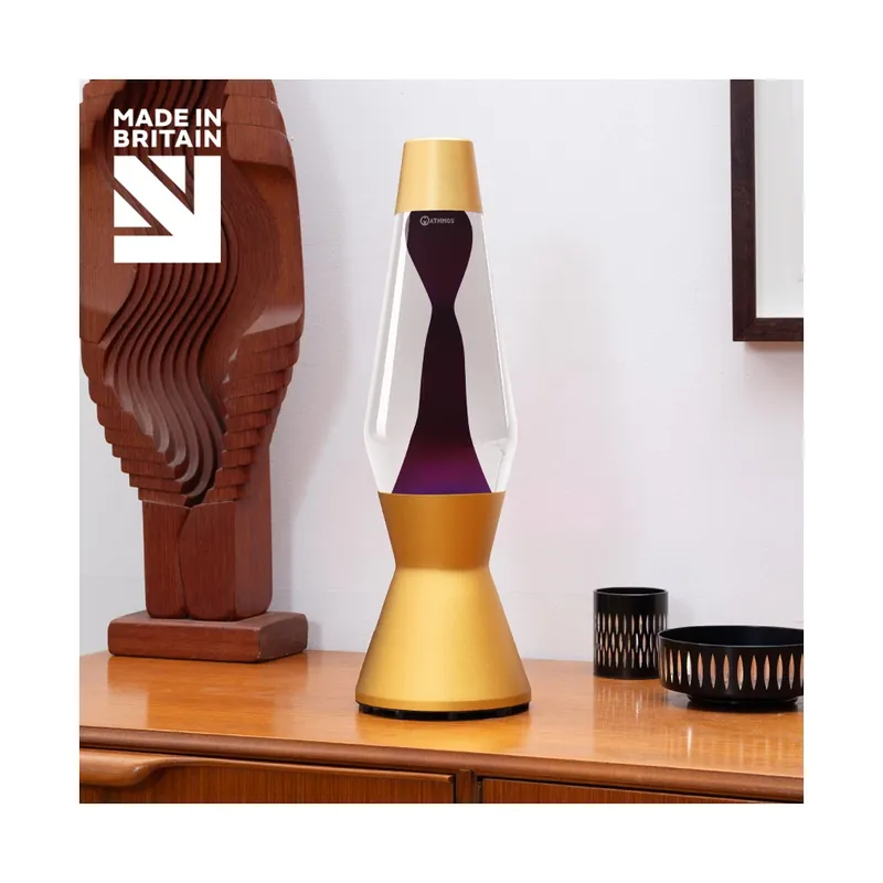 Ověřený Mathmos Astro Gold, originální lávová lampa, zlatá s čirou tekutinou a tmavě fialovou lávou, 43cm