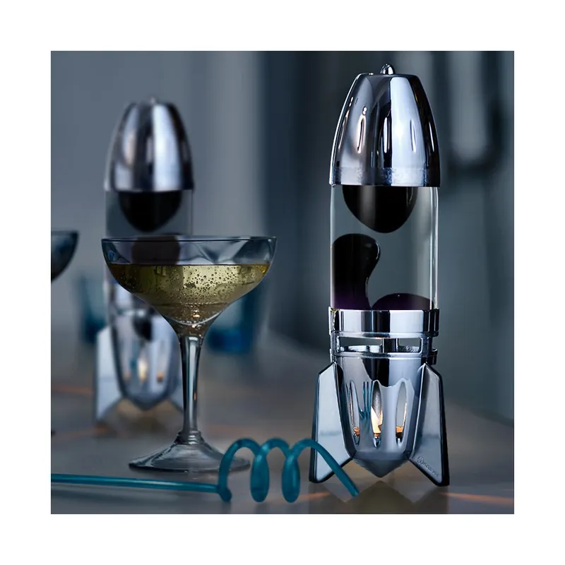 Expresní Doručení Mathmos Fireflow R1 Silver, originální lávová lampa stříbrná s čirou tekutinou a černou lávou, pro čajovou svíčku, výška 24cm