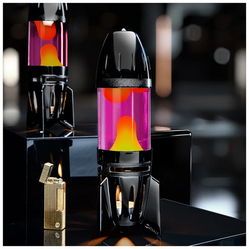 Levný Mathmos Fireflow R1 Black, originální lávová lampa černá s růžovou tekutinou a žlutou lávou, pro čajovou svíčku, výška 24cm