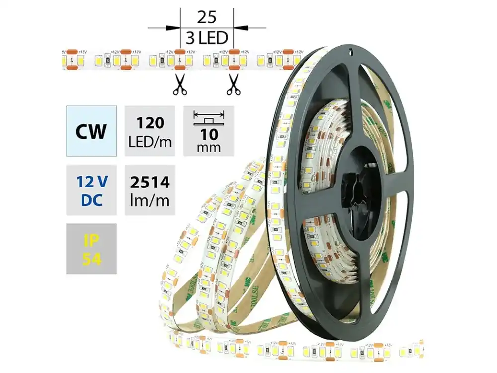 LED Pásek SMD, Studená bílá, 6000K, DC12V, IP54, 5m, 28,8W, 2514lm/m Levný