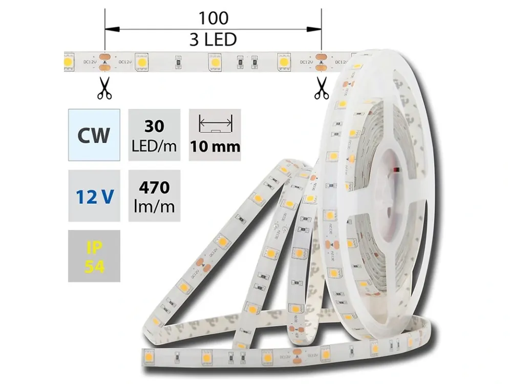 Výhodná Nabídka LED pásek SMD5050 CW, 30LED/m, 7,2W/m, 470lm/m, IP54, DC 12V, 10mm, 5m